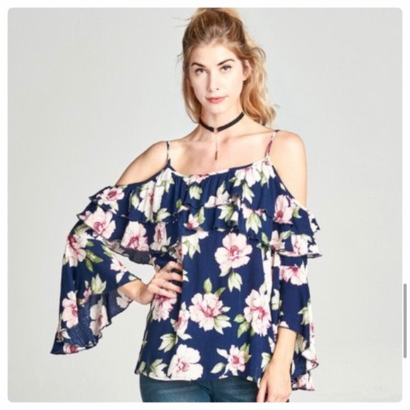 🟢 Cold Shoulder Bell Sleeve Floral Spaghetti Strap Ruffle Top - Picture 8 of 10